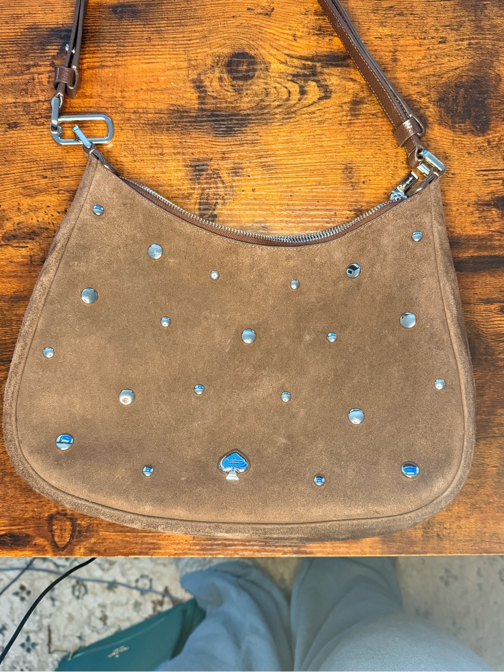 kate spade Brown Suede Studded Shoulder Bag with Silver Accents